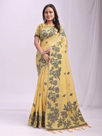 Anaita Yellow Linen Printed Saree With Blouse | Grocsy
