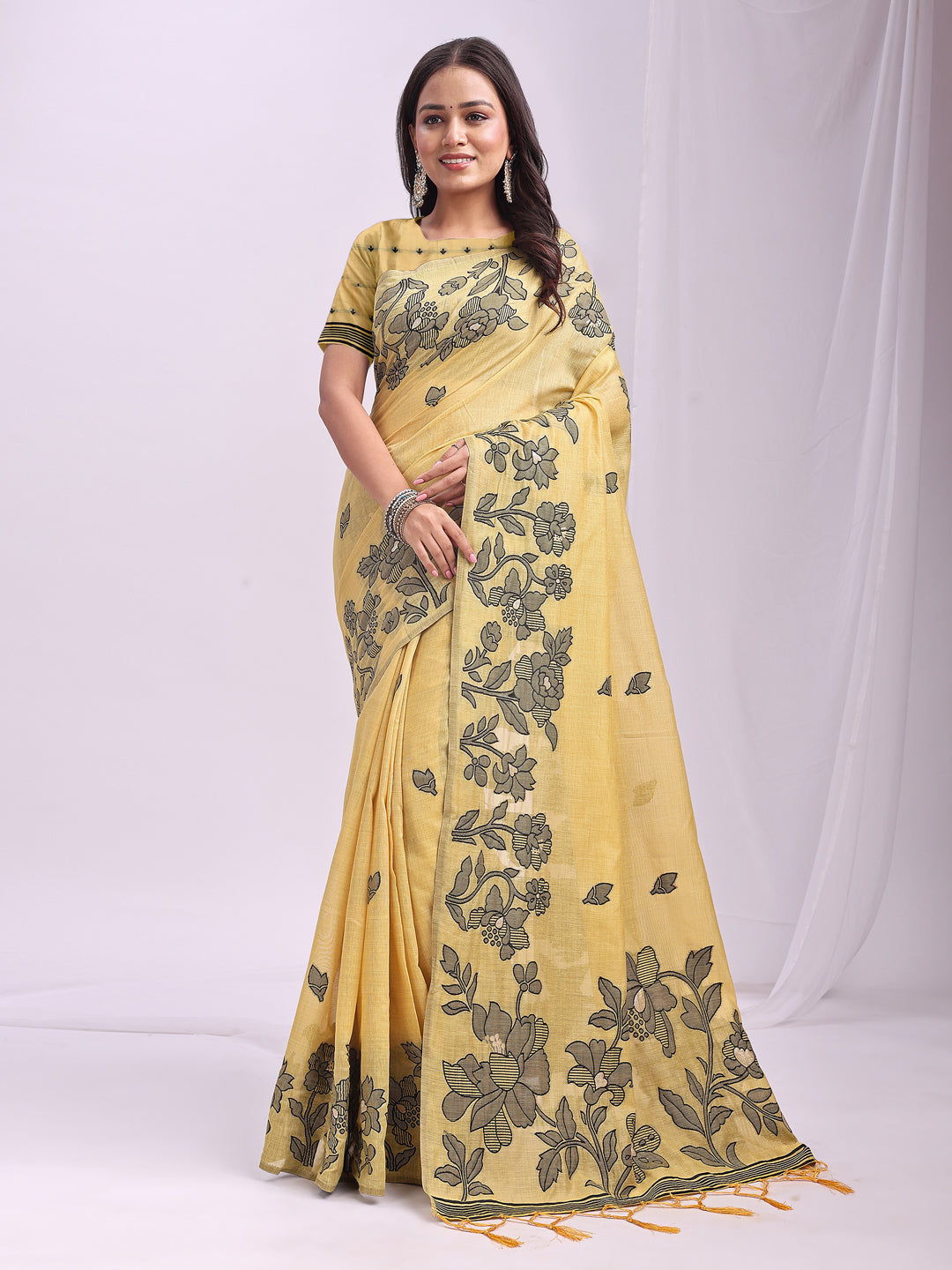 Anaita Yellow Linen Printed Saree With Blouse | Grocsy