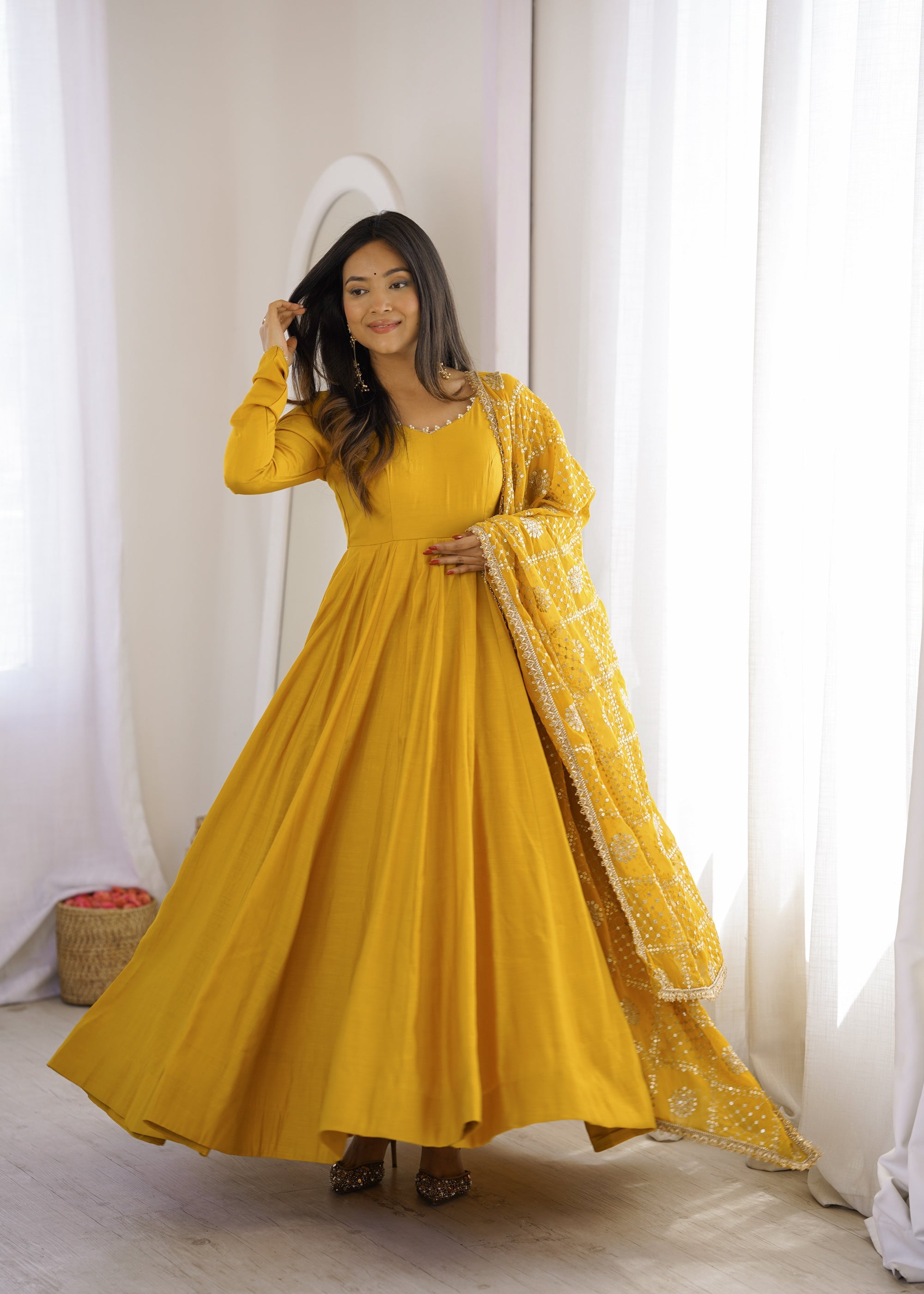 Lorenvalley Fashion Yellow Roman Chanderi Silk 16 Kali Anarkali Gown Pants with Dupatta | Grocsy