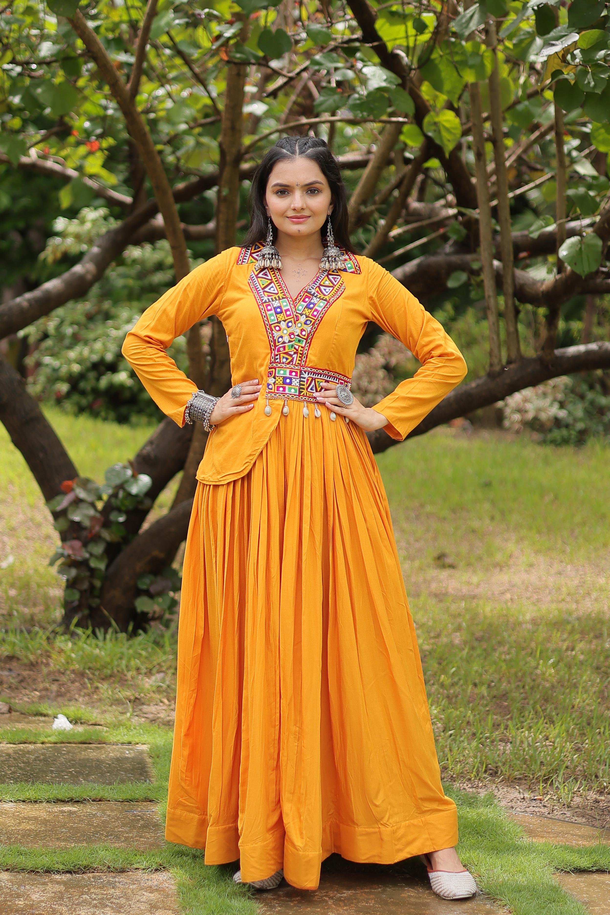 Lorenvalley Yellow Rayon Fabric With Kutchi Gamthi Work Gown | Grocsy