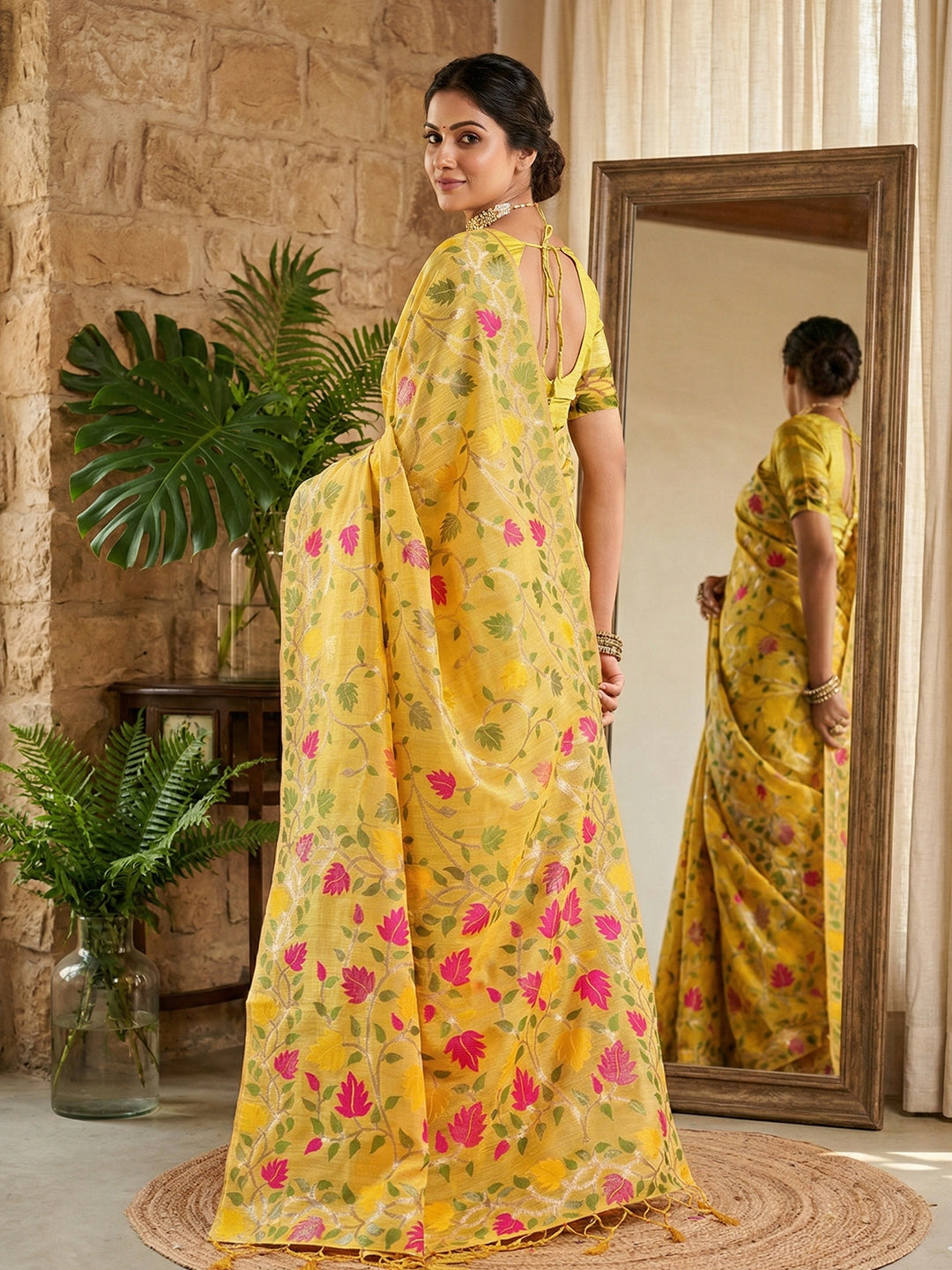 Anaita Yellow Linen Woven Work Saree With Blouse | Grocsy