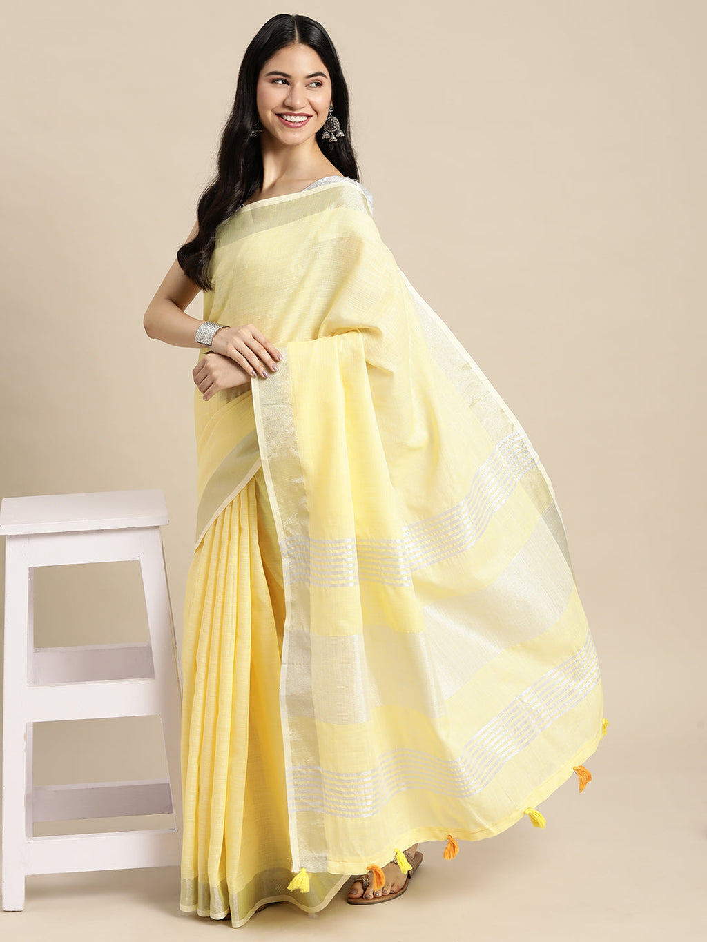 Anaita L Yellow Linen Saree With Blouse | Grocsy