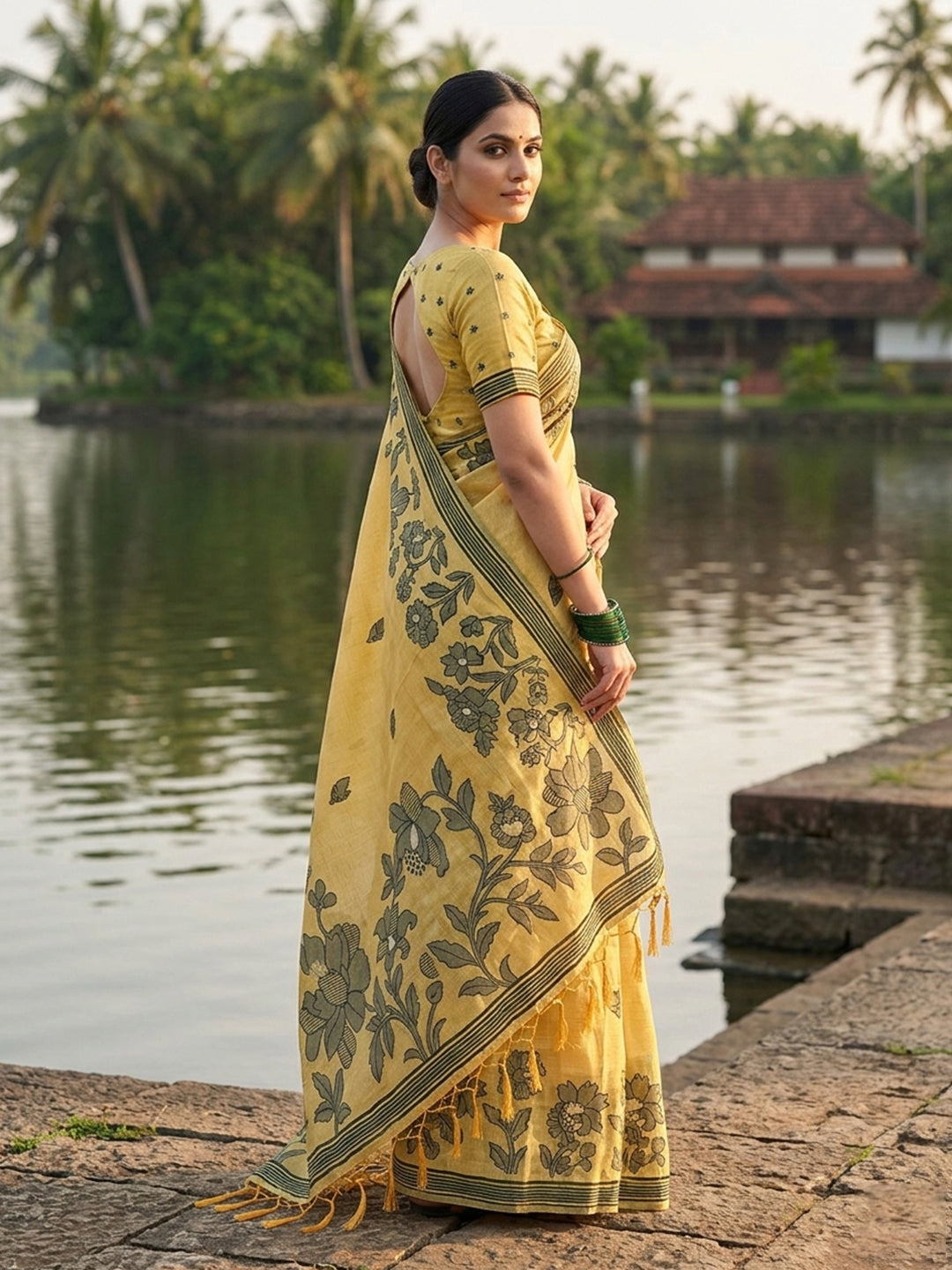 Anaita Yellow Linen Printed Saree With Blouse | Grocsy
