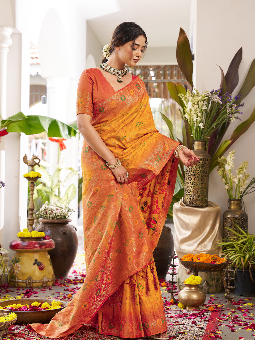 Anaita Yellow Silk Woven Saree With Blouse | Grocsy