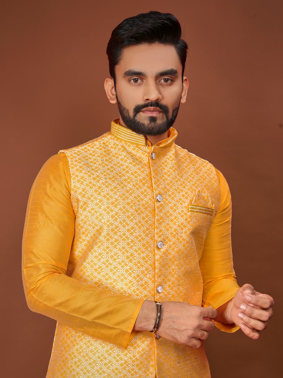 Anaita Yellow Jacquard Silk Straight Kurta With Koti & Pajama | Grocsy