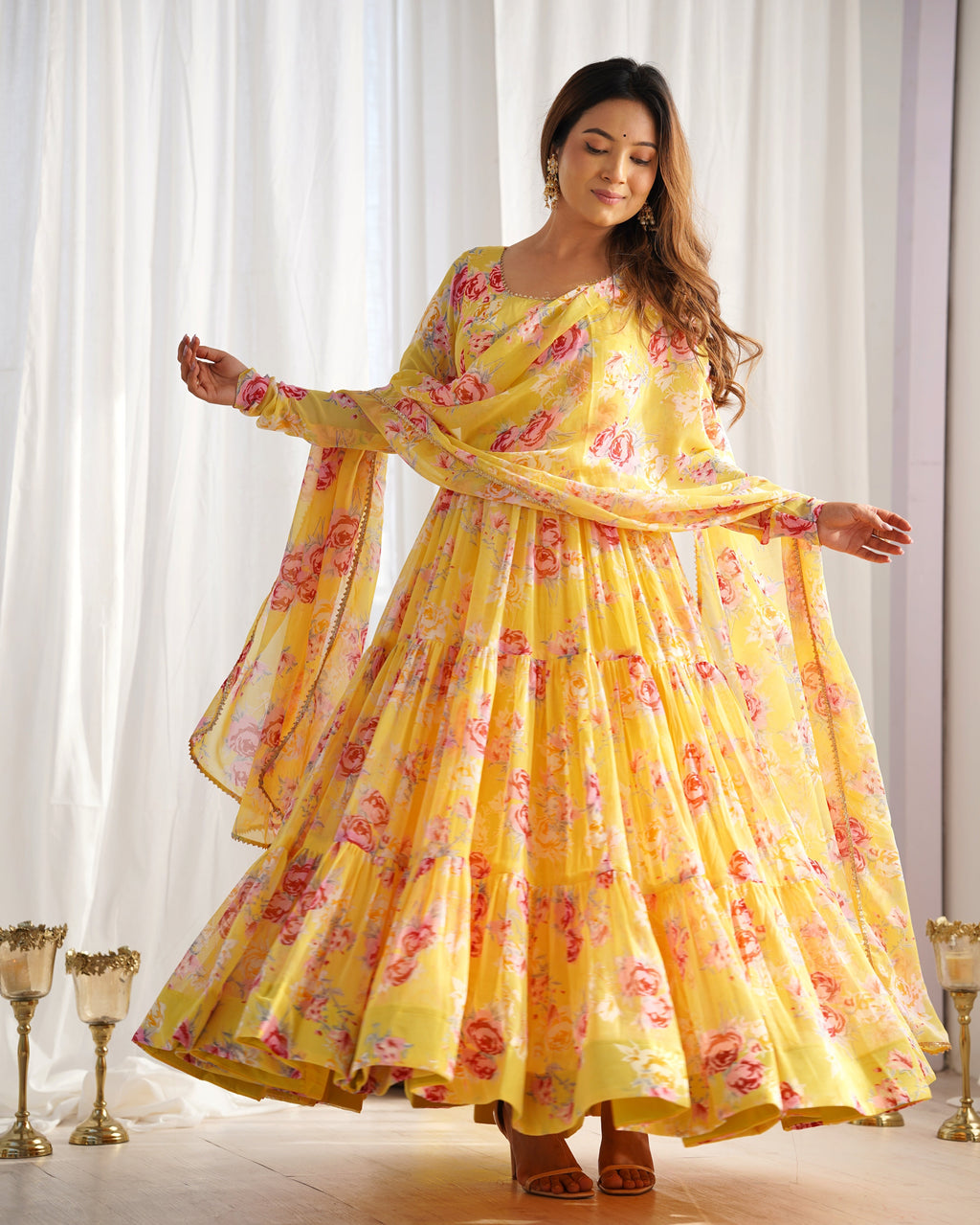 Lorenvalley Women Pure Soft Faux Georgette Floral Print Fully Flair Anarkali Kurta Pant With Dupatta Set - Yellow | Grocsy