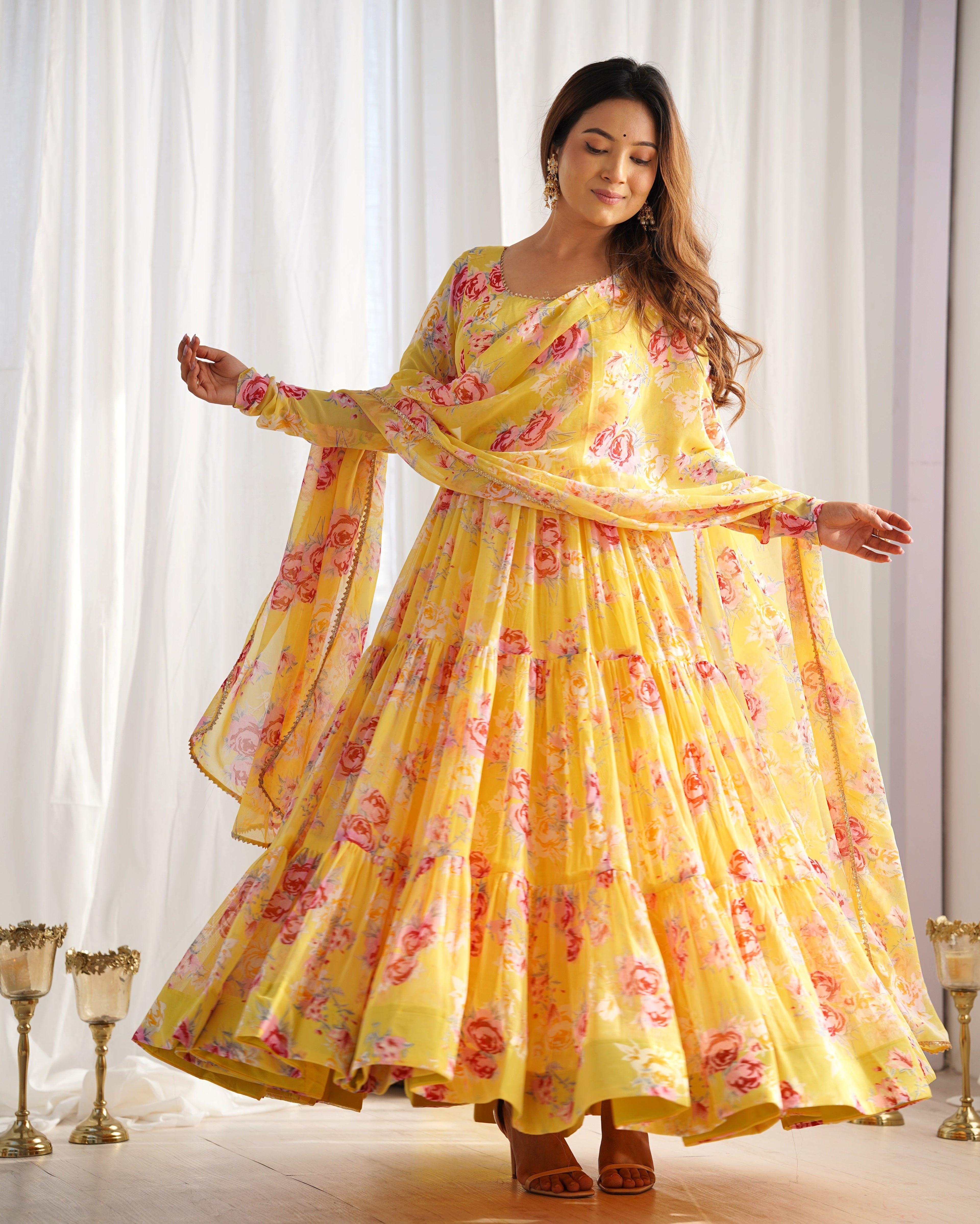 Lorenvalley Women Pure Soft Faux Georgette Floral Print Fully Flair Anarkali Kurta Pant With Dupatta Set - Yellow | Grocsy