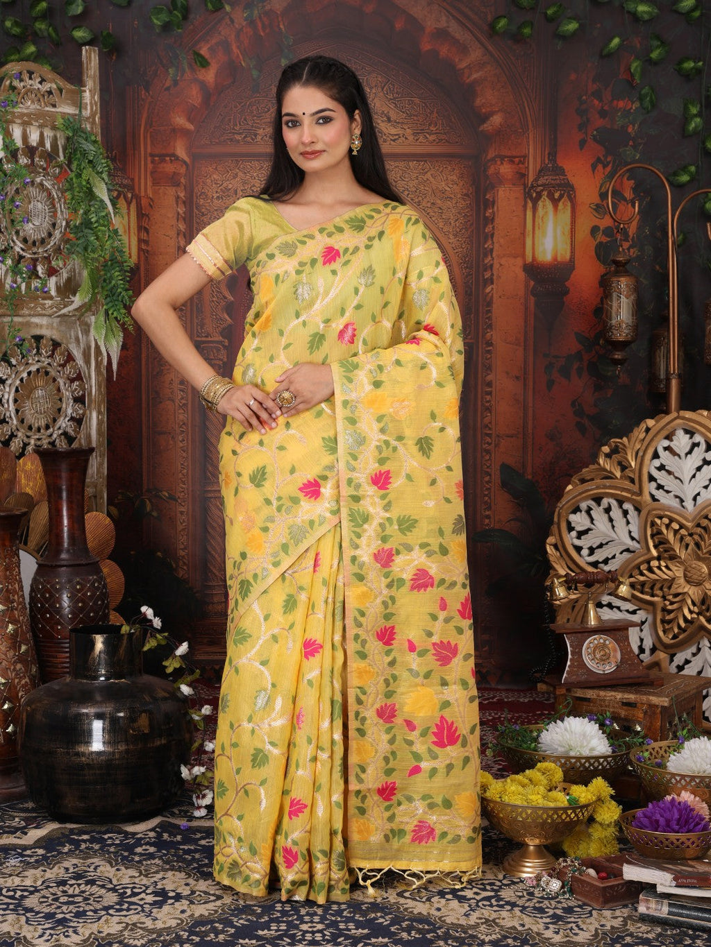 Anaita Yellow Linen Printed Saree With Blouse | Grocsy