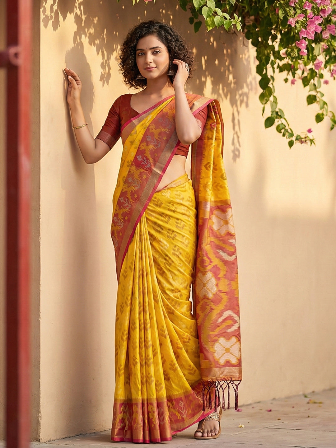 Anaita Yellow Pochampally Printed Saree With Blouse | Grocsy