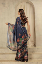 Navy Blue Georgette Designer Printed Party Wear Saree - Cinderella | Grocsy