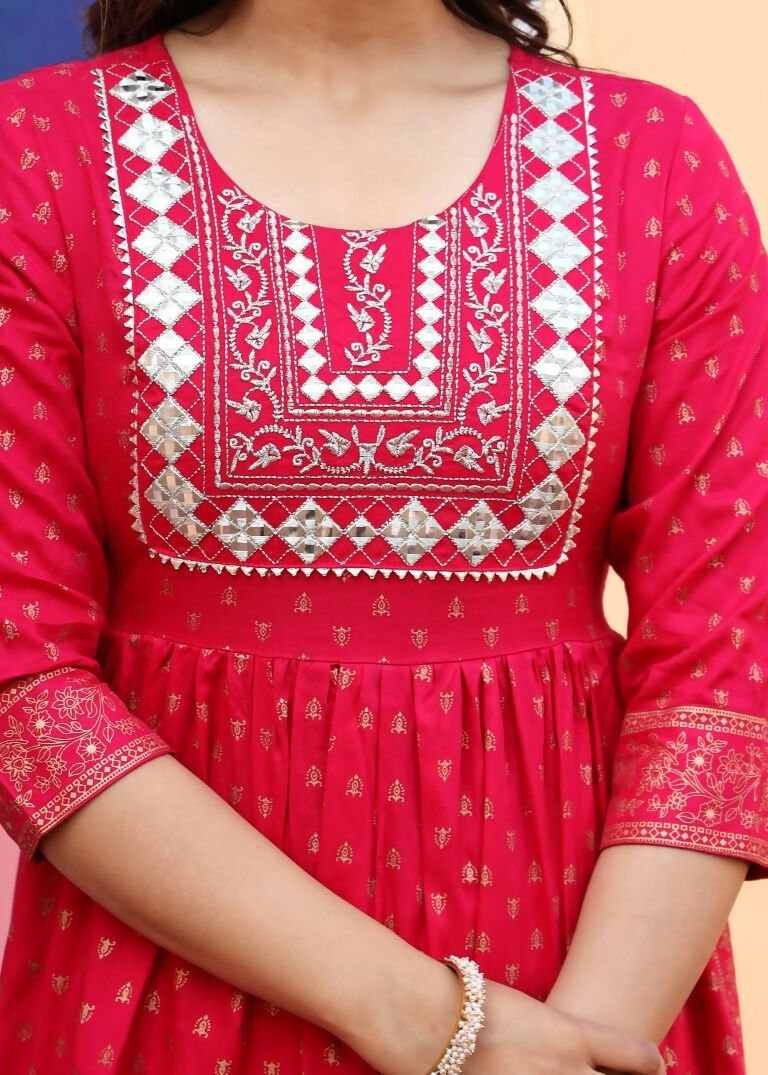 Alvano Women's A-line Naira Cut Embroidery work Print Kurti with Pant and Dupatta set Rayon (Red) | Grocsy