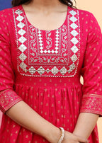 Alvano Women's A-line Naira Cut Embroidery work Print Kurti with Pant and Dupatta set Rayon (Red) | Grocsy