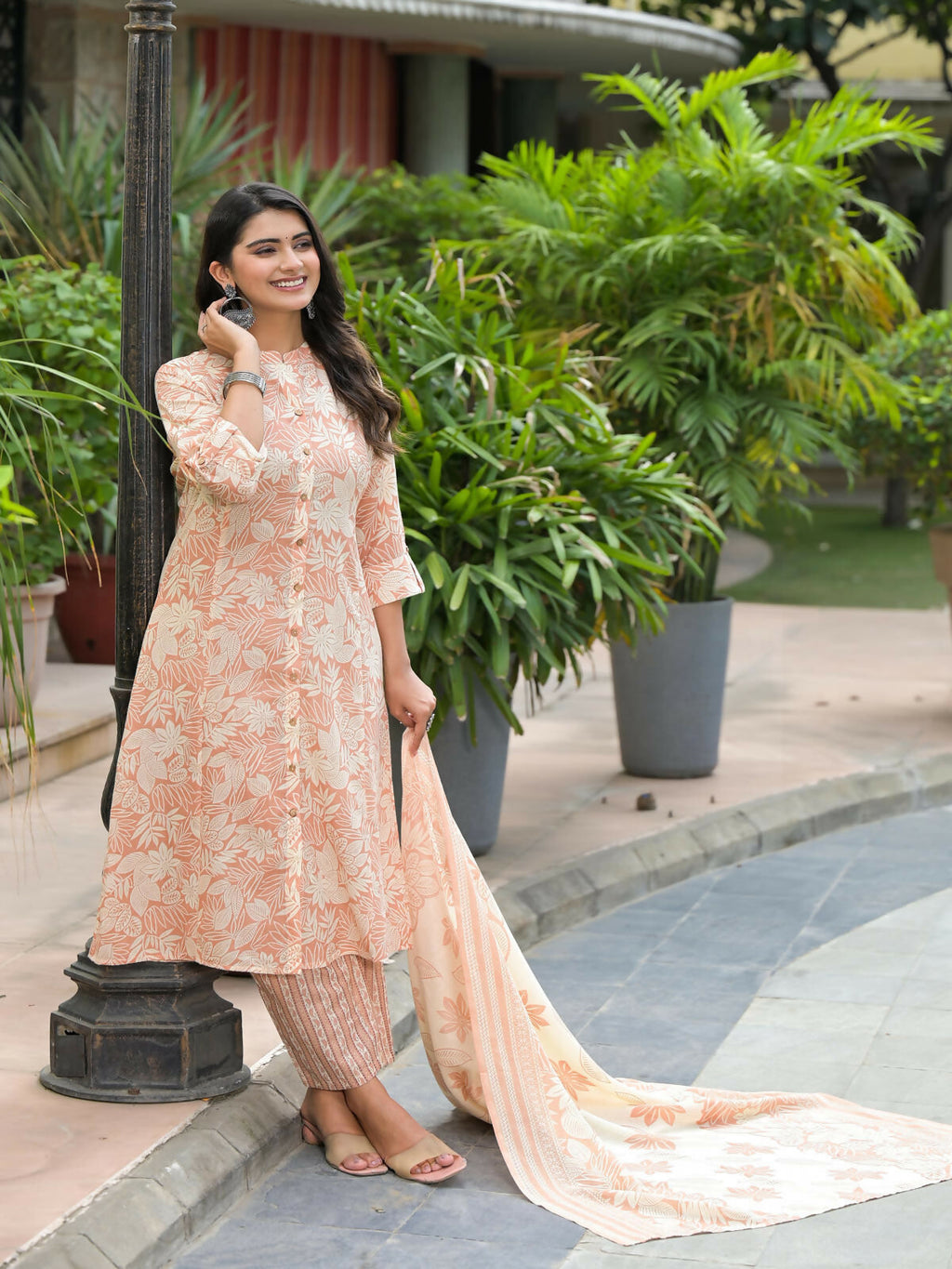 Juniper Women's Brown Floral Printed Cotton Kurta Set With Buttons | Grocsy