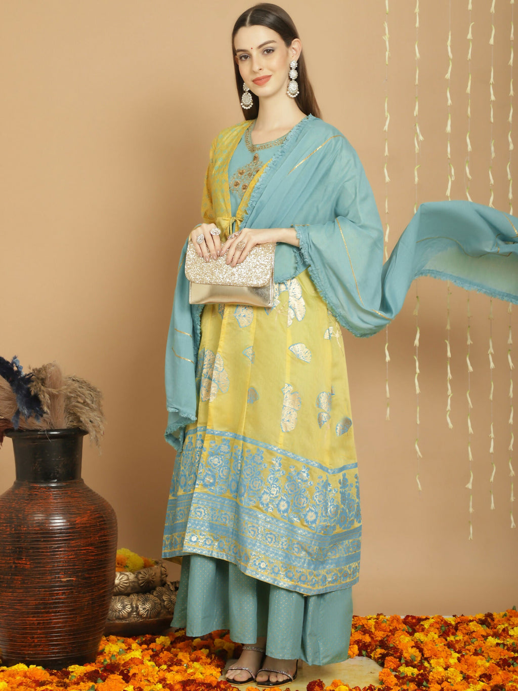 Jyoti Fashion Women's Yellow Chanderi Silk Elegant Jardoshi Kurta with Trouser & Dupatta | Grocsy