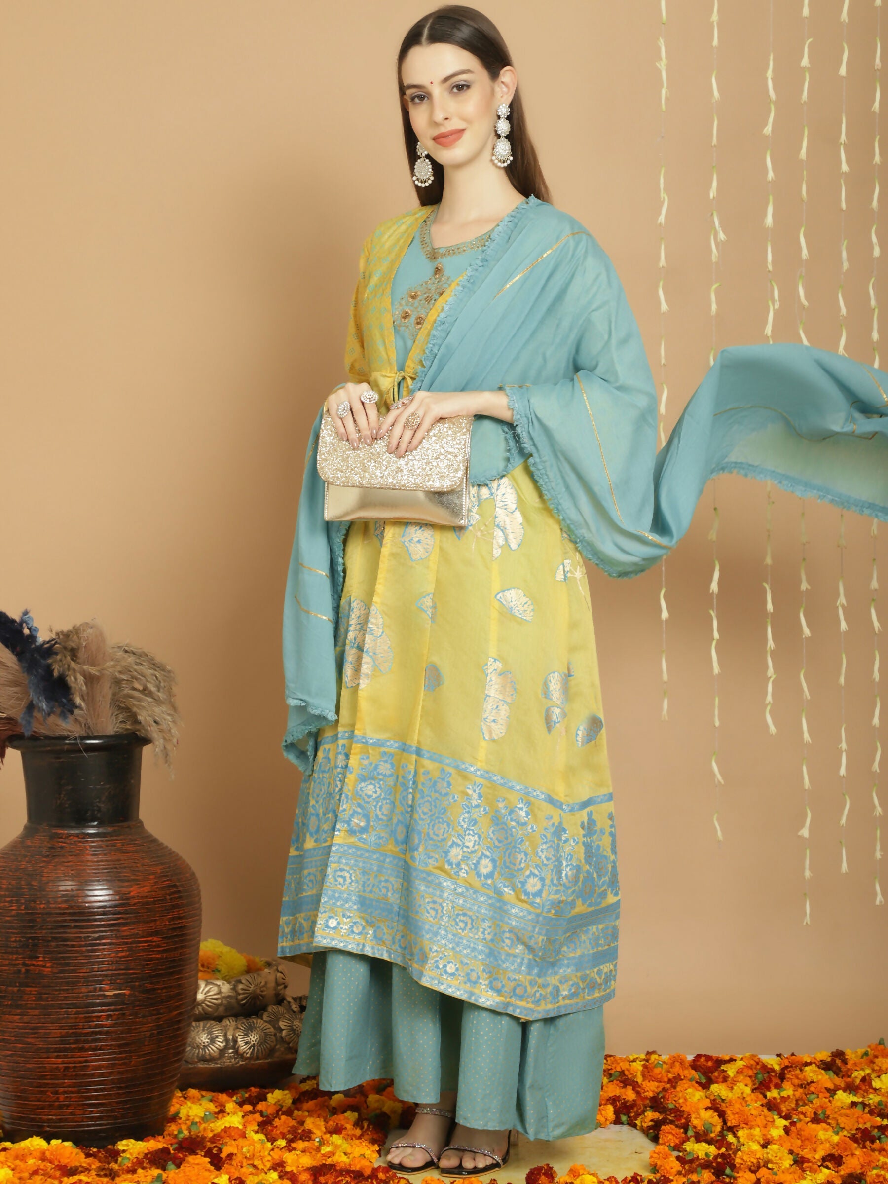 Jyoti Fashion Women's Yellow Chanderi Silk Elegant Jardoshi Kurta with Trouser & Dupatta | Grocsy