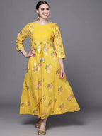 Ahalyaa Women Yellow Floral Fit & Flare Maxi Ethnic Dress | Grocsy