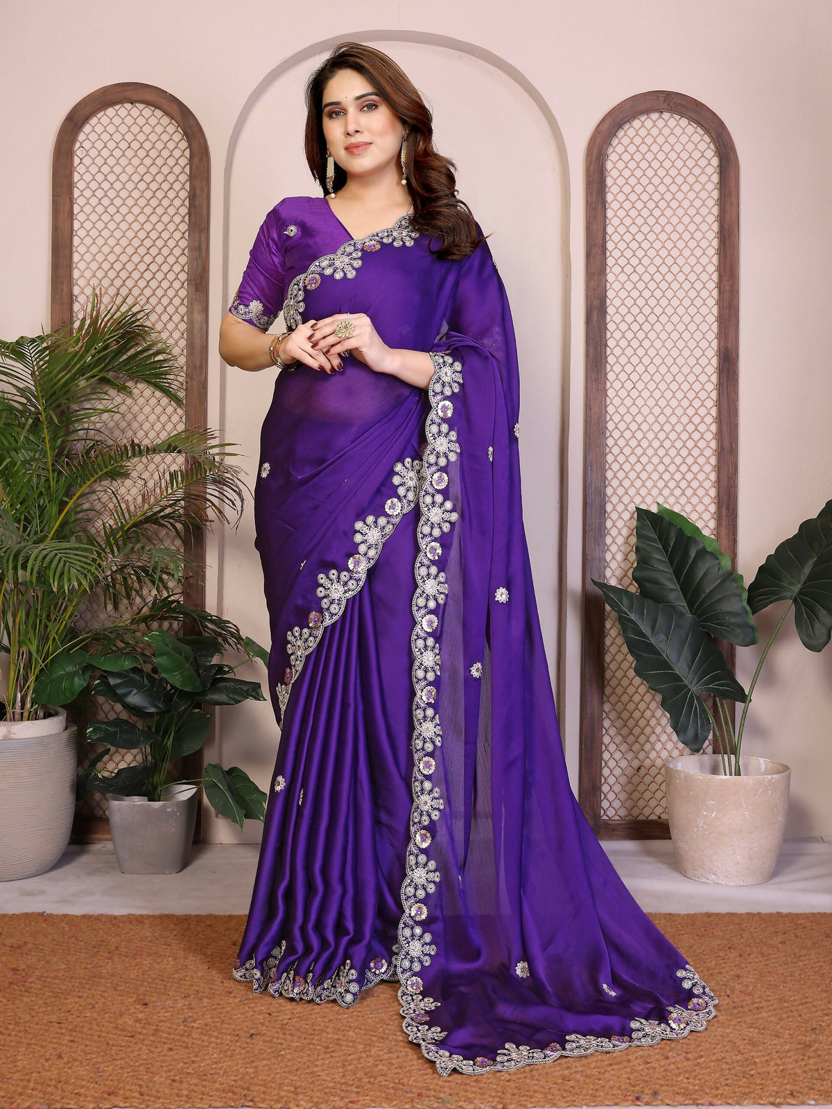 Teeya Creation New Trendy Party Wear Soft Satin Chiffon Saree-Purple | Grocsy