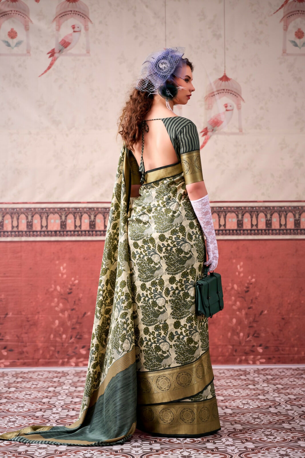 Vastranavya Mehendi Tussar Silk Printed with Viscose Border Saree & Unstitched Blouse | Grocsy