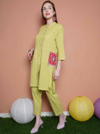 Women Republic Green Cotton Kurta Set With Embroidered Pockets | Grocsy
