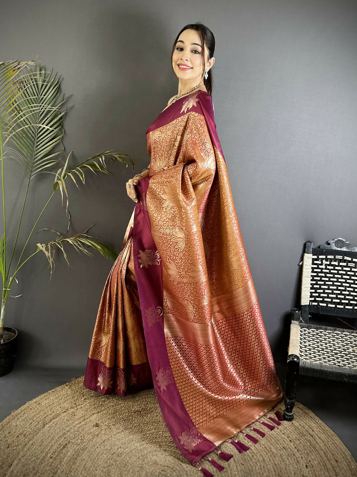 Joban Fashion Wine Intricate Zari Weaving Soft Silk Dharmavaram Saree | Grocsy