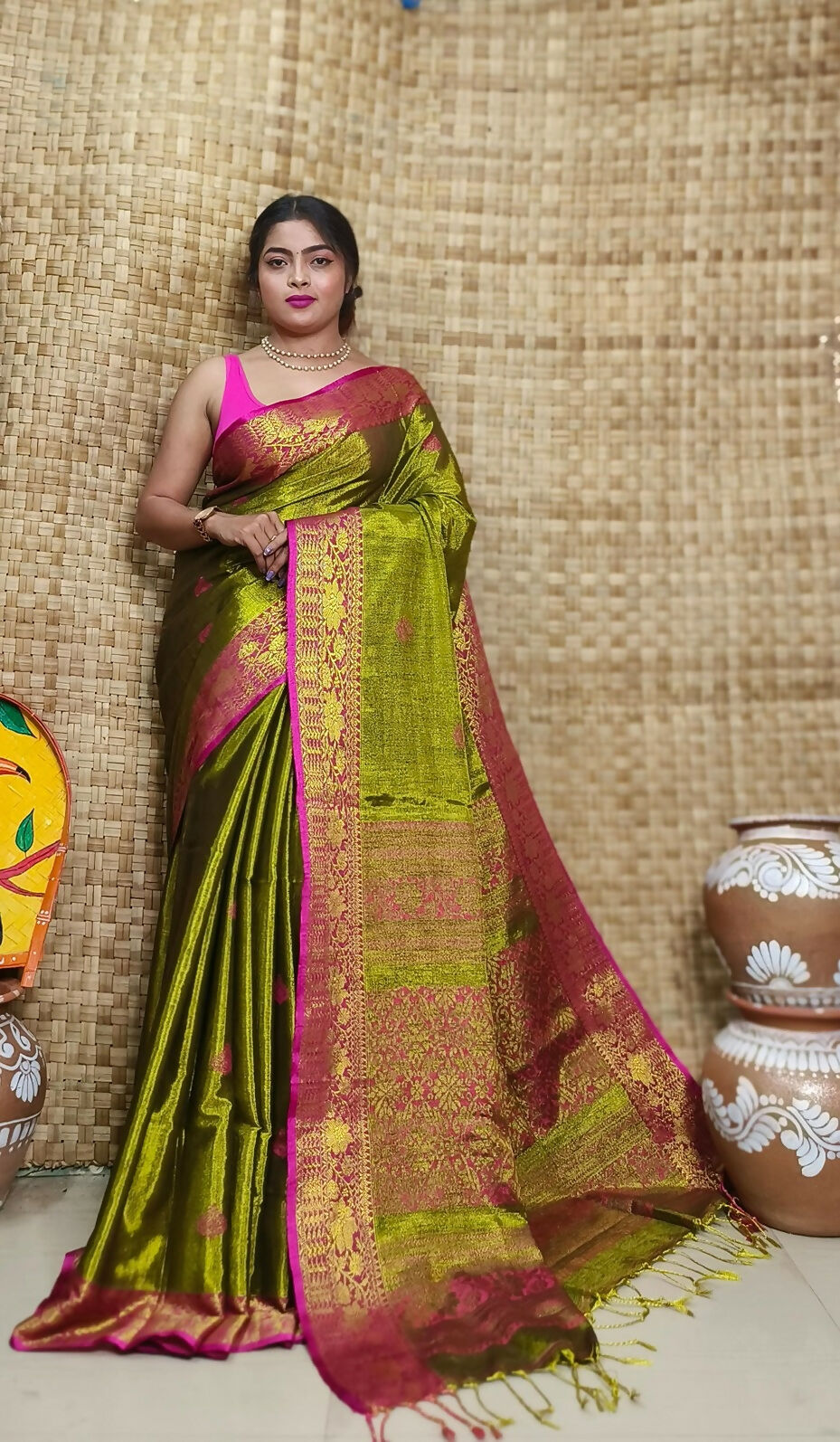 Exclusive Collection Olive Pink Beautiful Tissue Benarasi Saree | Grocsy