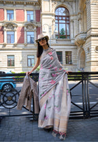 Grey Satin Organza Floral Woven Design Saree With Unstitched Blouse Piece - Klay's | Grocsy