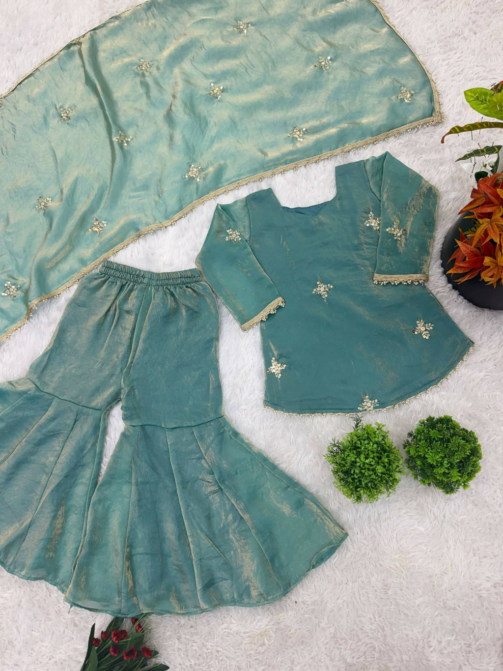 Teeya Creation New Stylish Embroidered Kids Kurta Palazzo Set-Blue | Grocsy