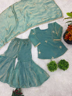 Teeya Creation New Stylish Embroidered Kids Kurta Palazzo Set-Blue | Grocsy