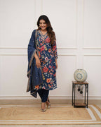 The52 Blue Women's Gorgeous Printed Pure Russian Silk Fabric Straight Kurta Pant with Dupatta Set | Grocsy