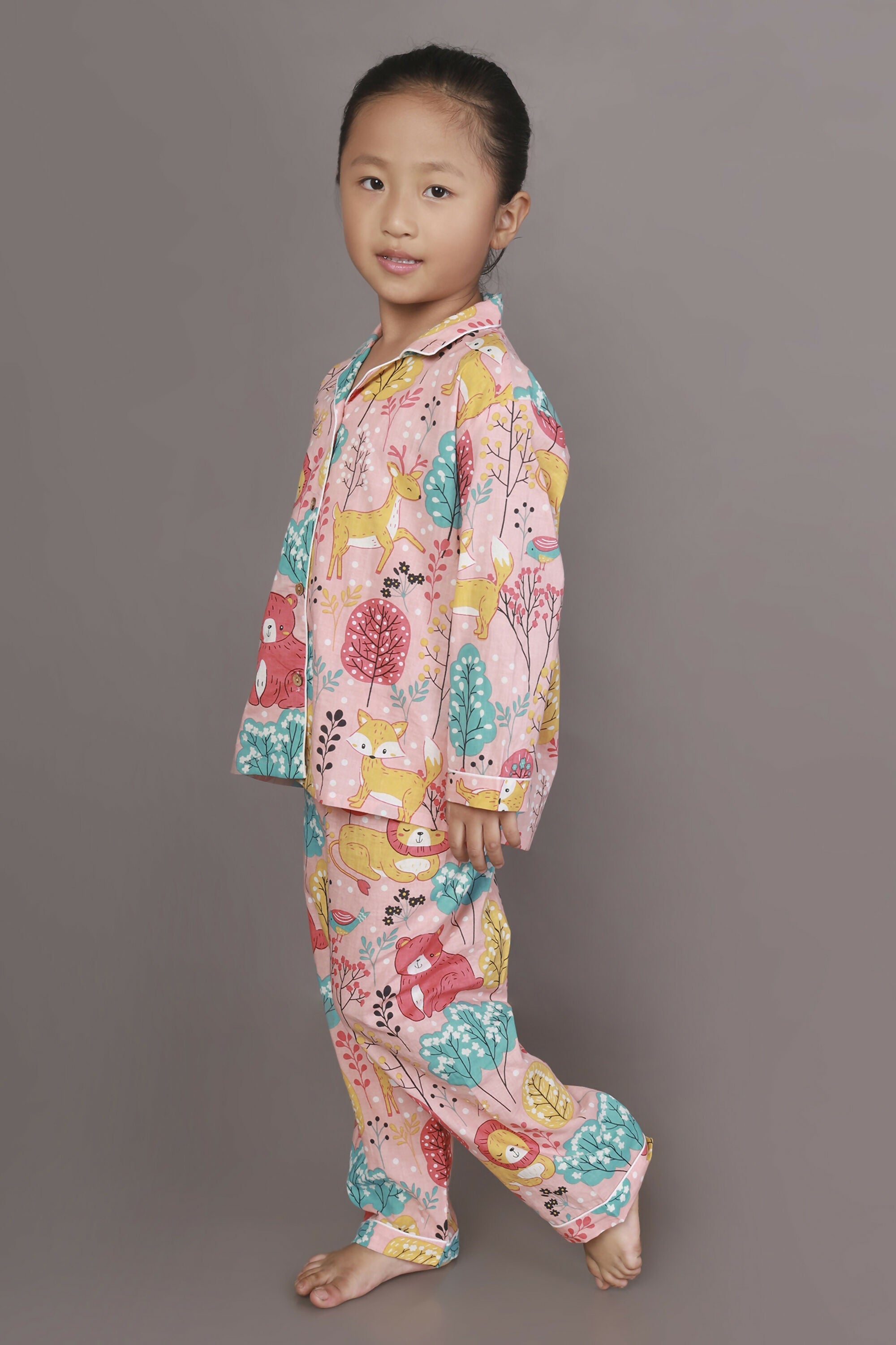 Breathables Kids Cotton Night Suit – Peach Lion & Teddy Shirt & Pyjama Co-Ord Set For Boys & Girls | Grocsy