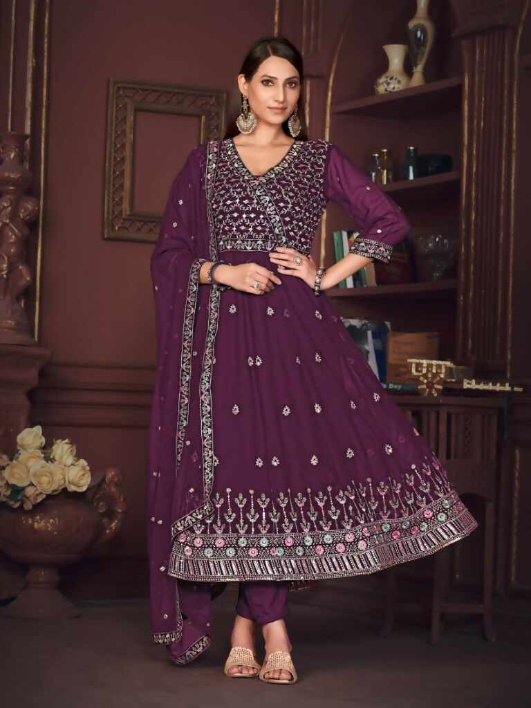 Jyoti Fashion Women's Purple Georgette Embroidered Anarkali Kurta Pant Set With Dupatta | Grocsy