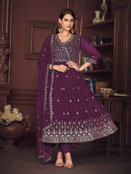 Jyoti Fashion Women's Purple Georgette Embroidered Anarkali Kurta Pant Set With Dupatta | Grocsy