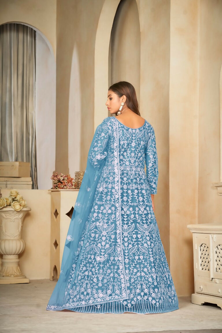 Jyoti Fashion Women's Sky Blue Net Embroidered Anarkali Kurta Pant Set With Dupatta | Grocsy