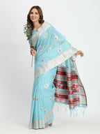 Shree Shyam Fashion Linen Cotton Sky Blue Saree | Grocsy