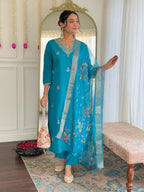 The52 Blue Women's Gorgeous Viscose Fabric Embroidered Work Straight Kurta, Pant and Dupatta Set | Grocsy