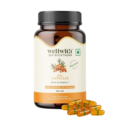 Wellwith Sea Buckthorn Berry Oil Vegan Omega 7 500mg, Softgels Capsules | Grocsy