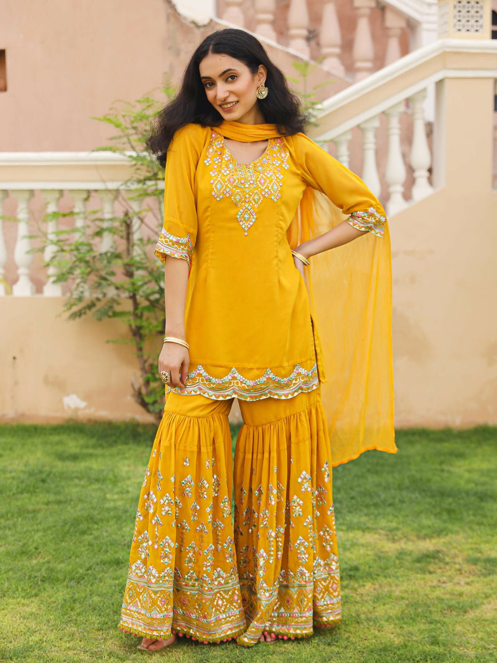 Juniper Women's Mustard Thread Embroidered Georgette Kurta Sharara And Dupatta Set With Sequins & Mirror Work | Grocsy
