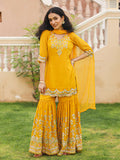 Juniper Women's Mustard Thread Embroidered Georgette Kurta Sharara And Dupatta Set With Sequins & Mirror Work | Grocsy