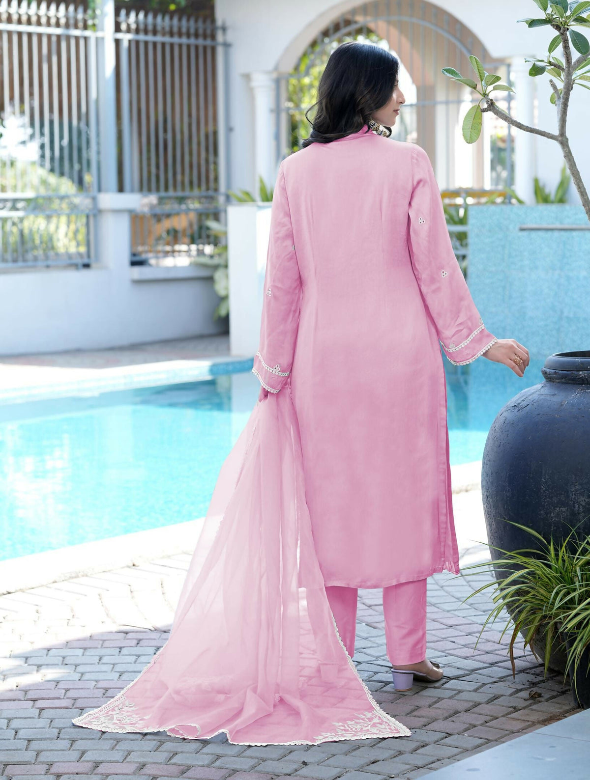 Nikhaar Light Pink Embroidered Modal Silk Stitched Straight Cut Kurta Pants Dupatta Readymade Suit | Grocsy