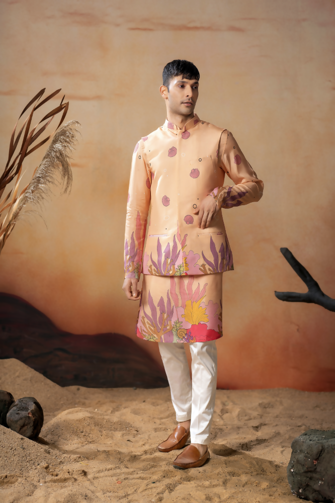 Coral Sunset Nehru Jacket Set by Hilo Design | Grocsy