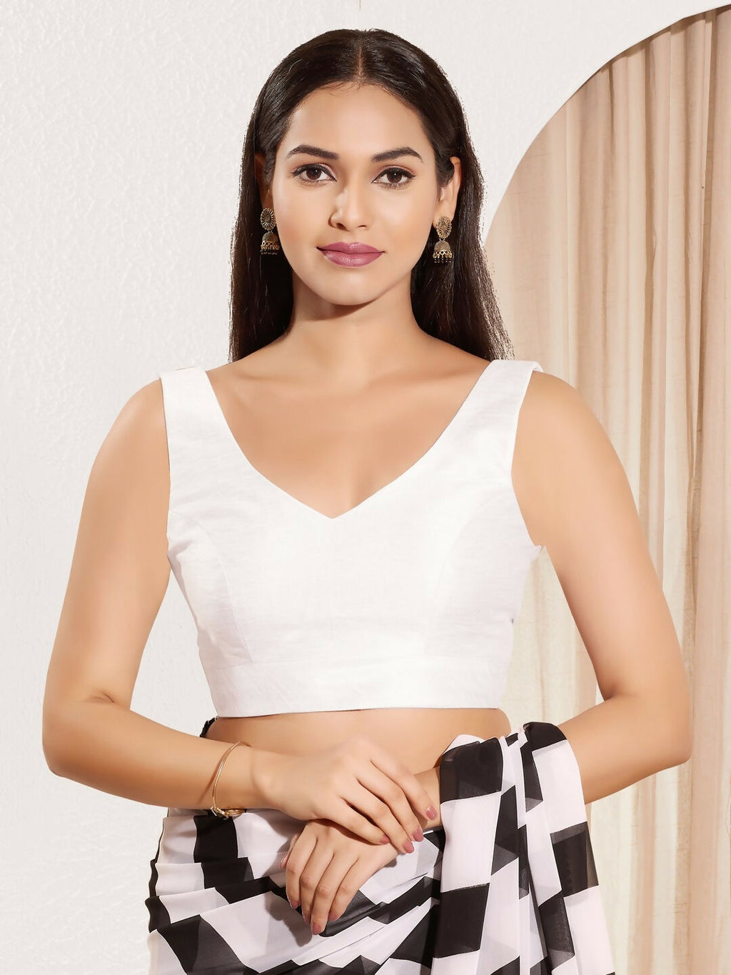 Joban Fashion White Mulberry Silk Padded Blouse With Round Neck Sleeveless | Grocsy