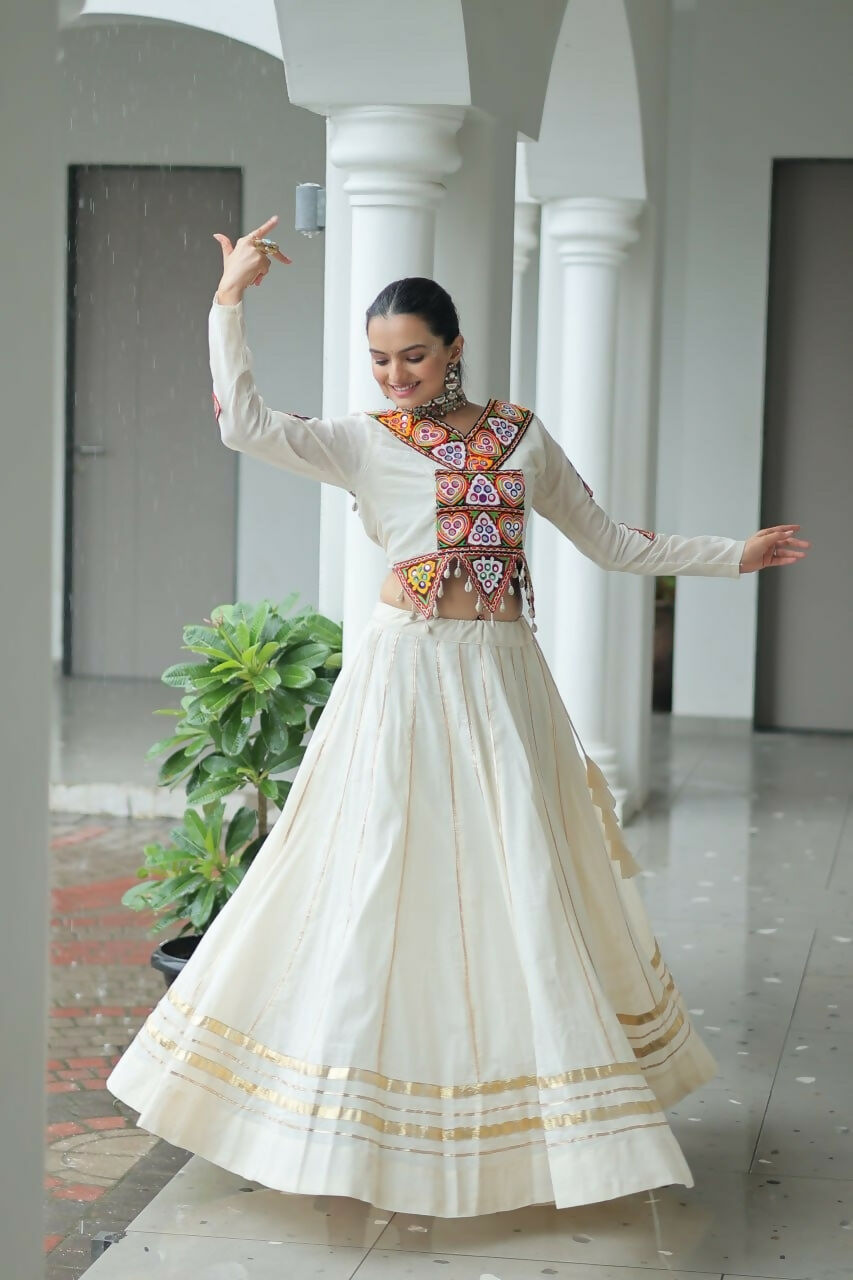 Teeya Creation Off White Colour Pure Cotton Embroidery Work Navratri Lehenga | Grocsy