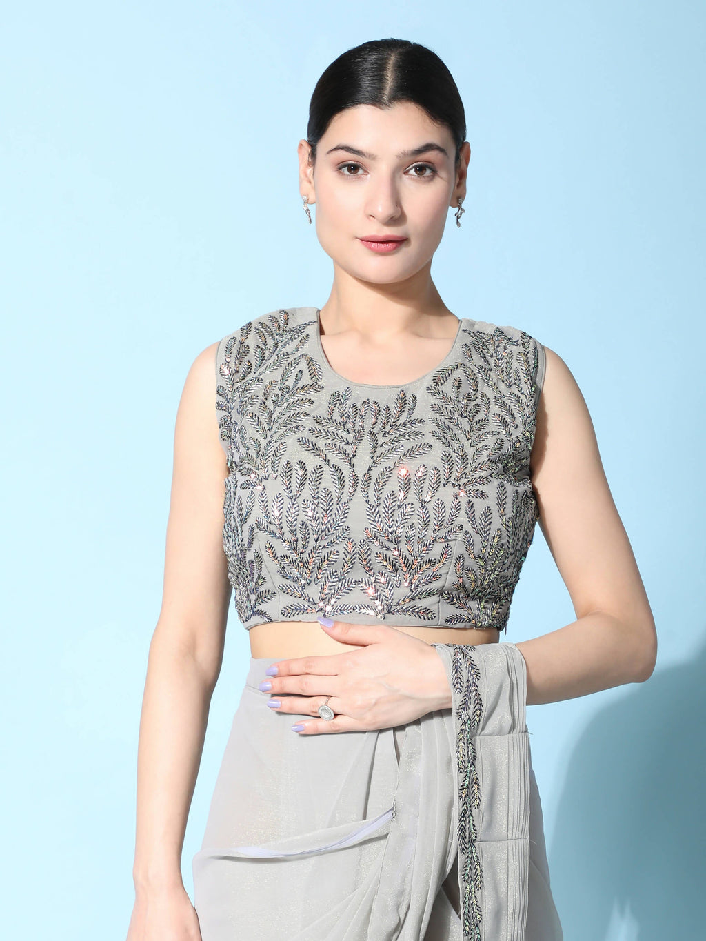 Grey Fancy Pure Fabric Plain Ready to wear Saree with stitched Blouse - Vrinda | Grocsy
