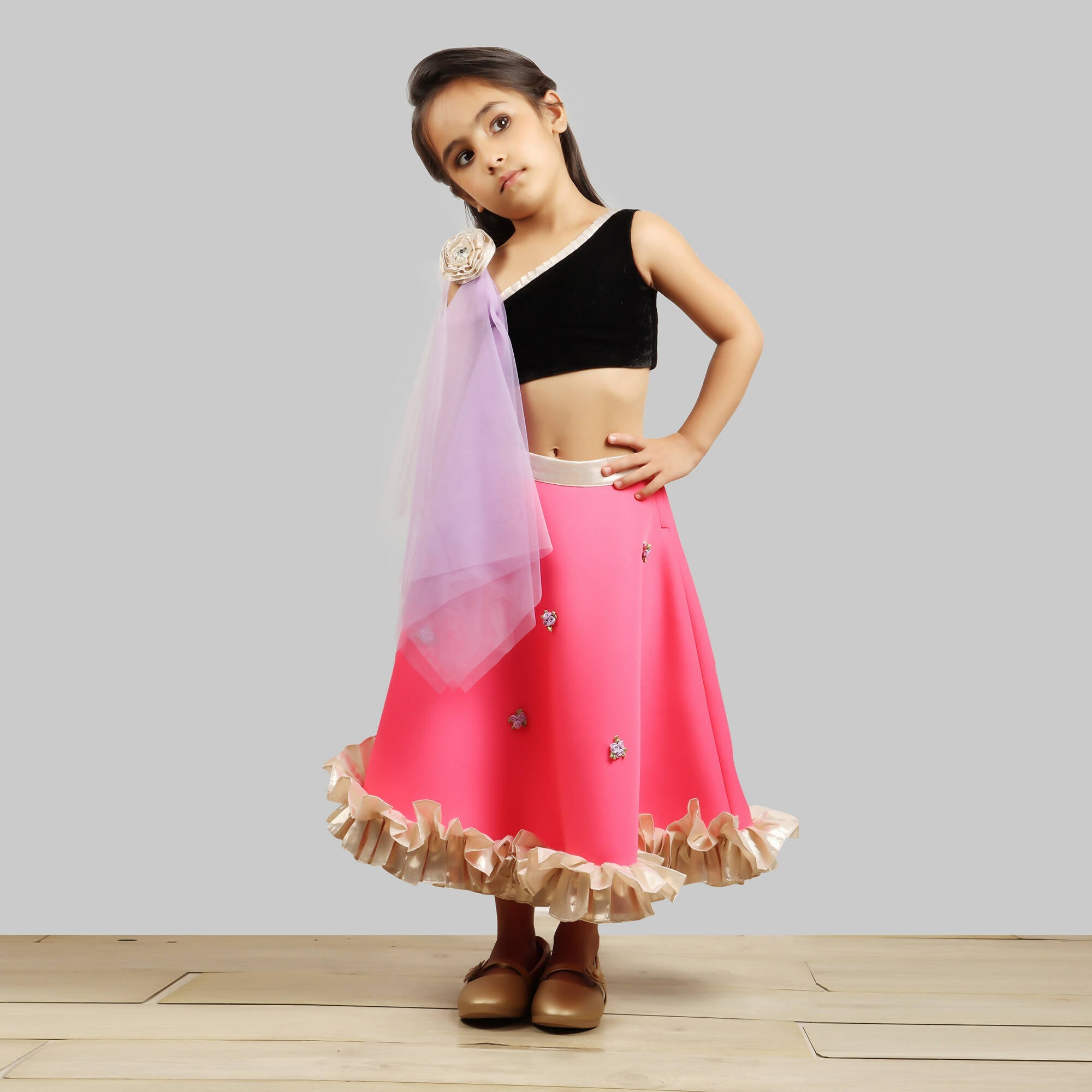Pink Cow Fashions Black & Pink Ghagra Choli With Dupatta | Grocsy