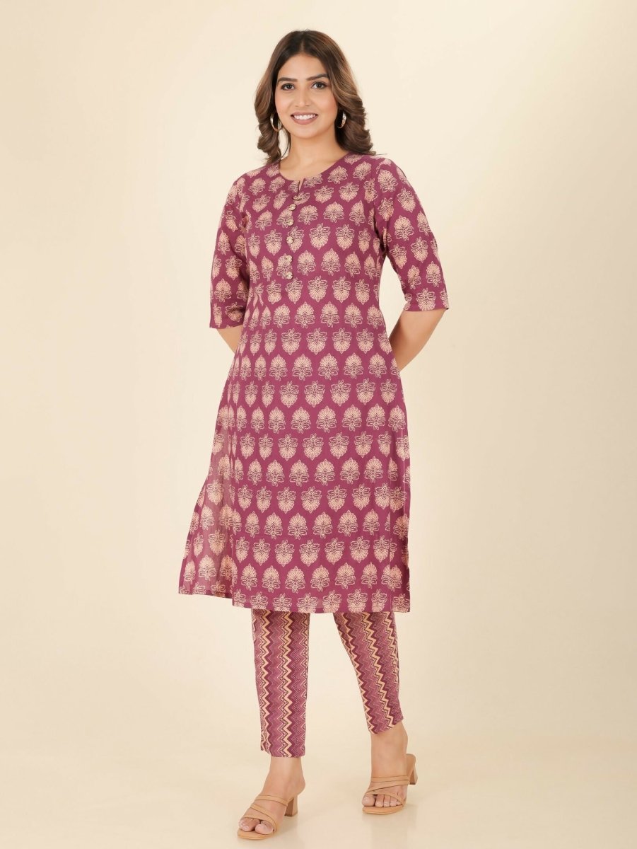 Aramya Pink Soft Cotton Floral Print A-line Kurta Set for Women | Grocsy