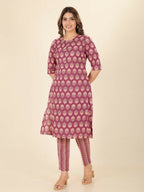 Aramya Pink Soft Cotton Floral Print A-line Kurta Set for Women | Grocsy