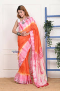 Very Much Indian Handmade Tie And Dye Cotton Saree By Women Weavers - Orange Pink | Grocsy