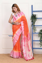 Very Much Indian Handmade Tie And Dye Cotton Saree By Women Weavers - Orange Pink | Grocsy