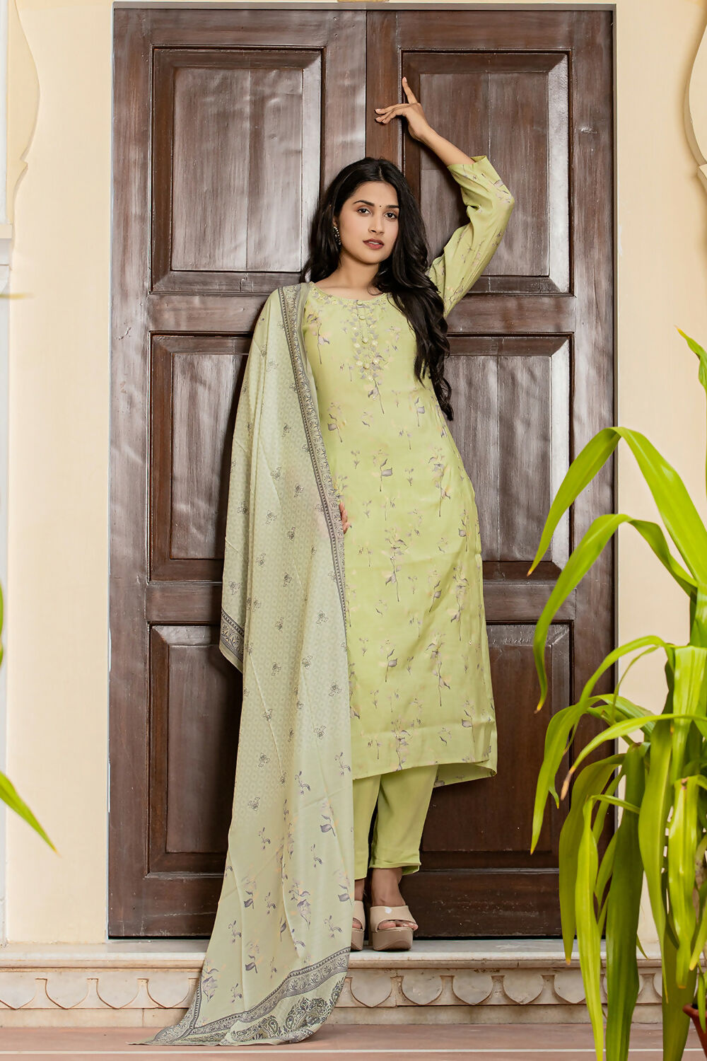 Kaajh Women's Green Printed Modal Silk Suit Set | Grocsy
