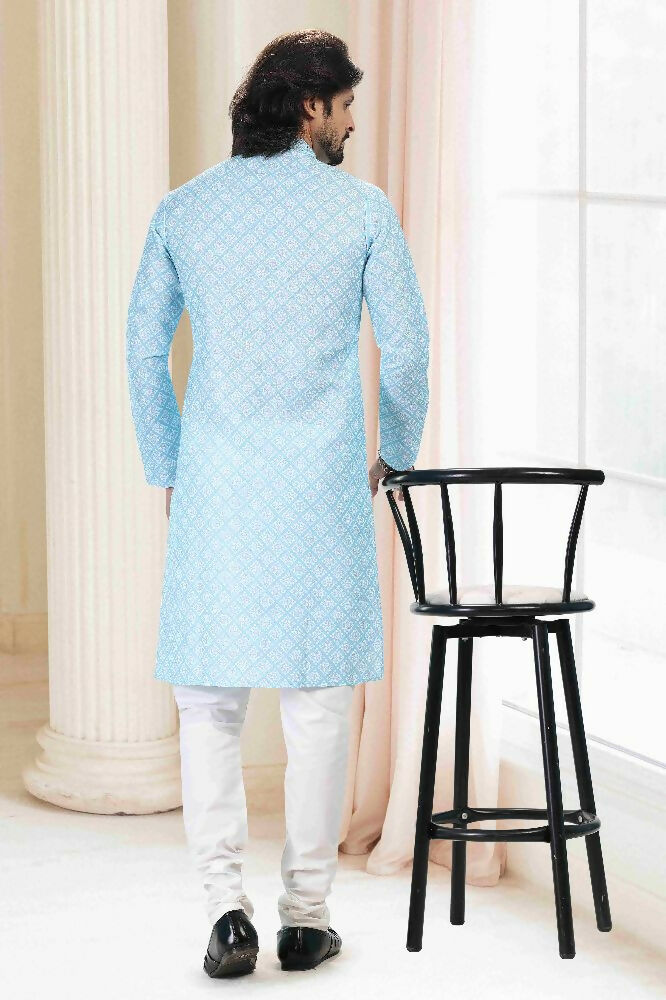 Raivat Ethnic Cotton Thread Work Kurta Pajama In Sky Blue Colour | Grocsy